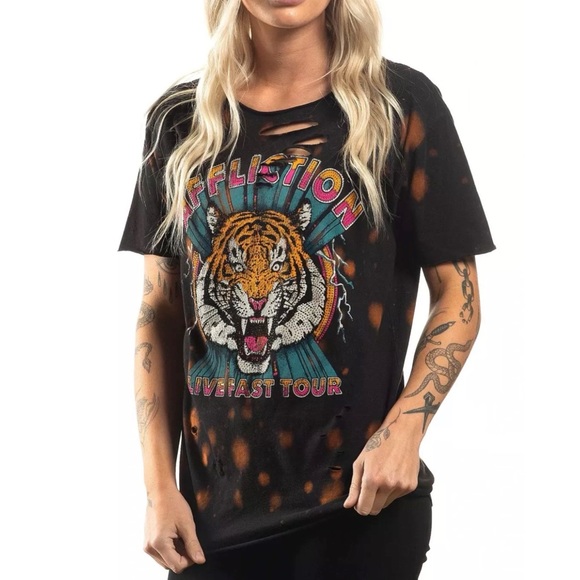 Affliction Tops - Affliction Women's T-Shirt Rock The Tigers Storm Black Biker Skull